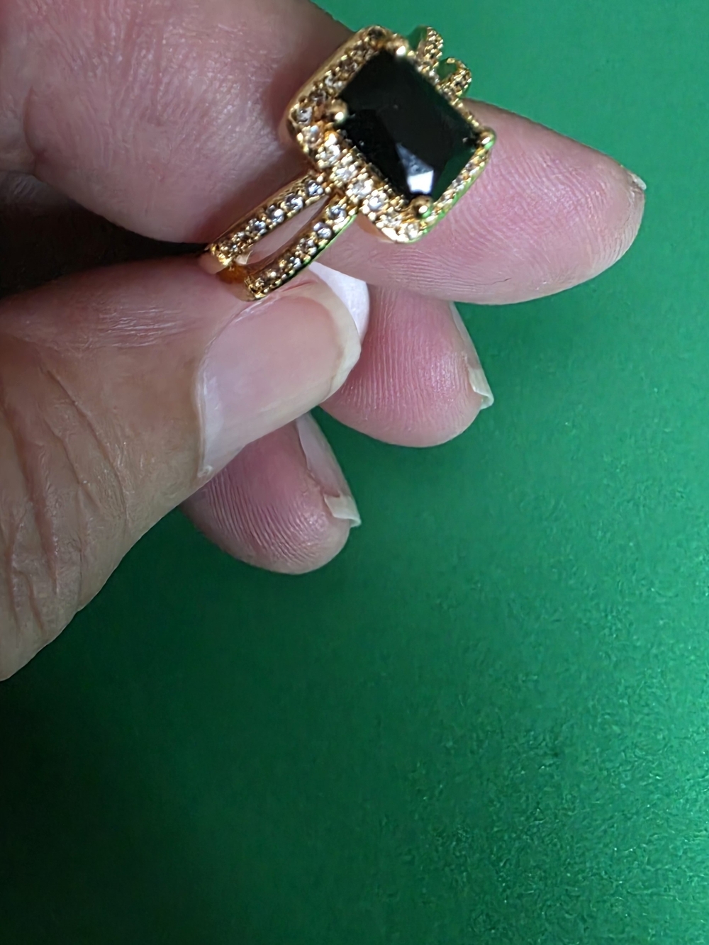 14k Gold-Plated Ring with Black Center Stone and Pavé Accents